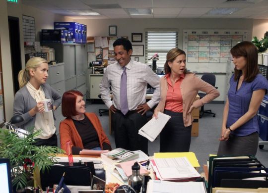 THE OFFICE, (from left): Angela Kinsey, Kate Flannery, Oscar Nunez, Jenna Fischer, Ellie Kemper, 'Sex Ed', (Season 7, 704, aired Oct. 7, 2010).